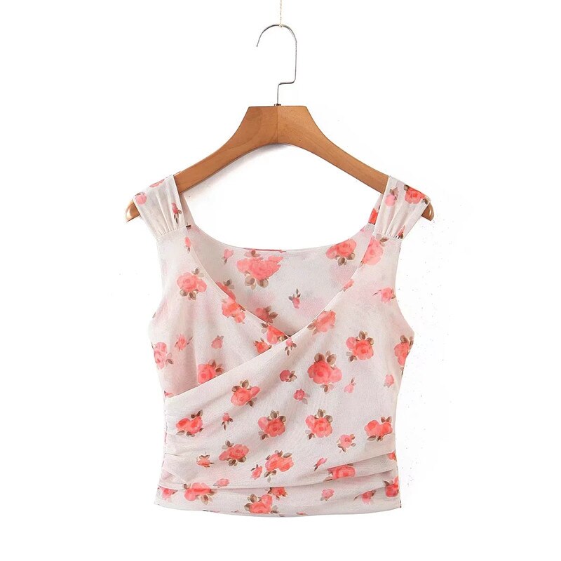 Summer Ins Blogger High Street Gauze Tank Tops Sexy Short Shirt Floral Casual Blouse Women