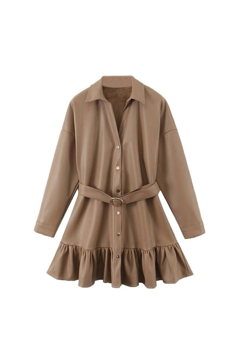 Spring and winter turn-down collar full sleeve leather khaki high waist belt single breasted dress