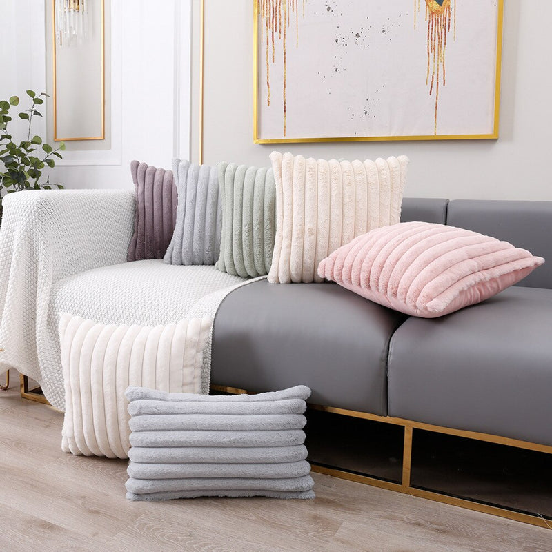 Faux Fur Cushion Cover Flocking Stripe Cushion Cover Pink Grey Orange Ivory Soft Home Decorative Pillow Cover