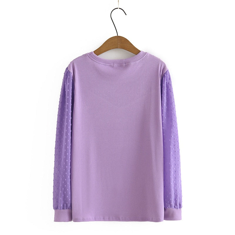 Autumn Tops For Women Cotton T-Shirt Casual Mesh Splice O-Neck Long Sleeve Curve Tees