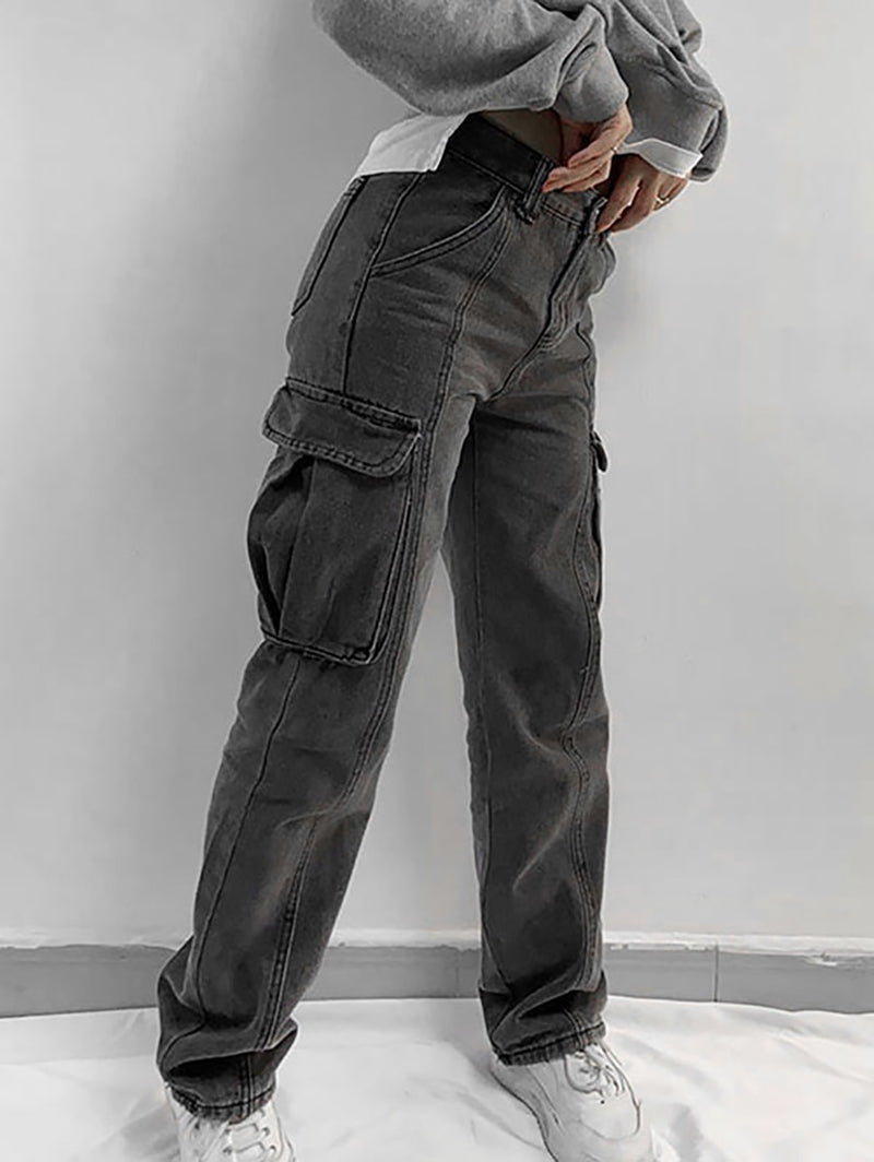 Faded Flap Pockets Tapered Cargo Pants Utility Jeans Women Zipper Fly Denim Bottoms