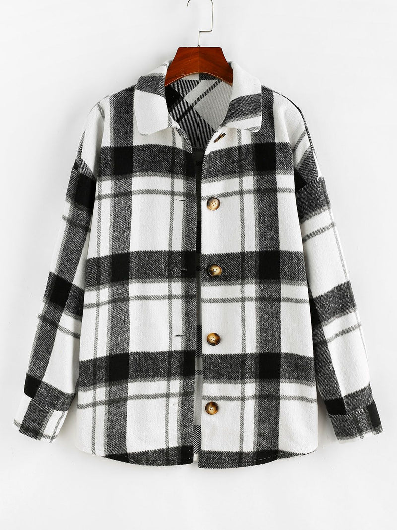 Plaid Drop Shoulder Long Shacket Spring Autumn Long Button Up Jacket Women Clothing Turn-down Collar