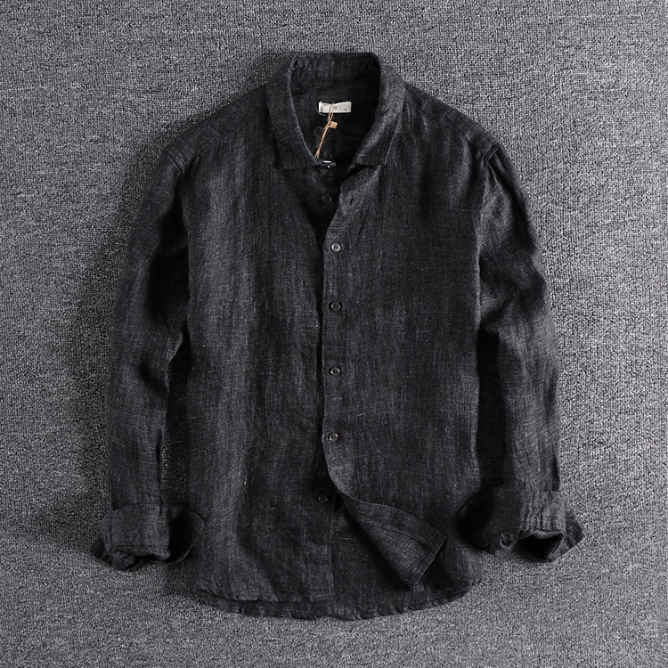 Men Linen Shirt Retro Distressed Long Sleeve Solid Dark Grey Gentlemen Loose