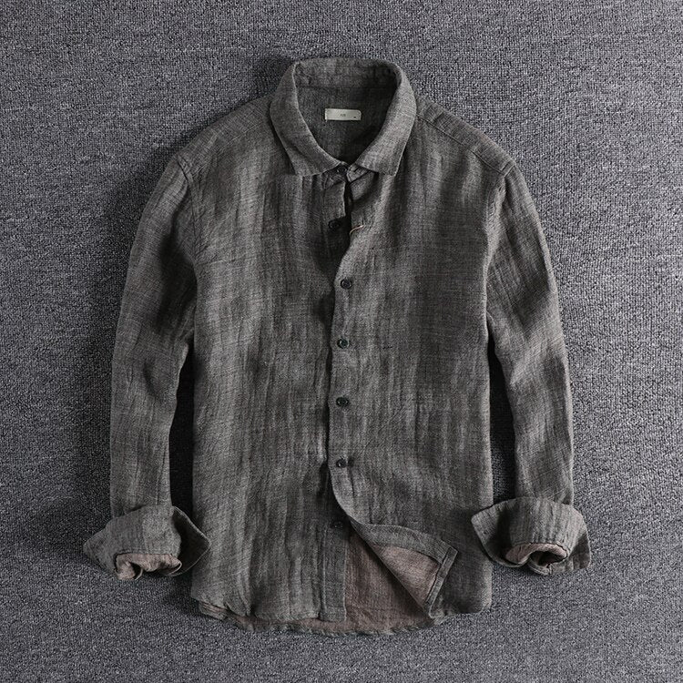 Men Linen Shirt Retro Distressed Long Sleeve Solid Dark Grey Gentlemen Loose