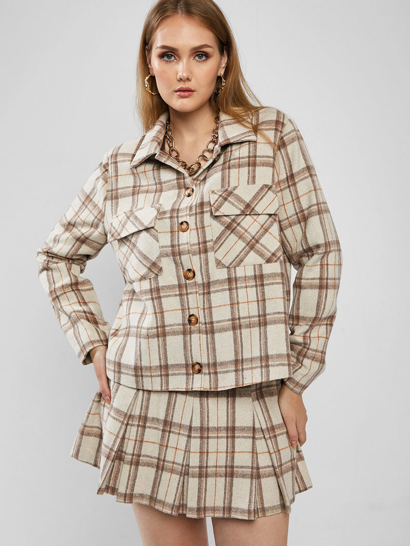 Flannel Plaid Single Breasted Pocket Shacket Shirt Jacket Women Wide-waisted Shirt Collar Long Sleeves Fall Winter