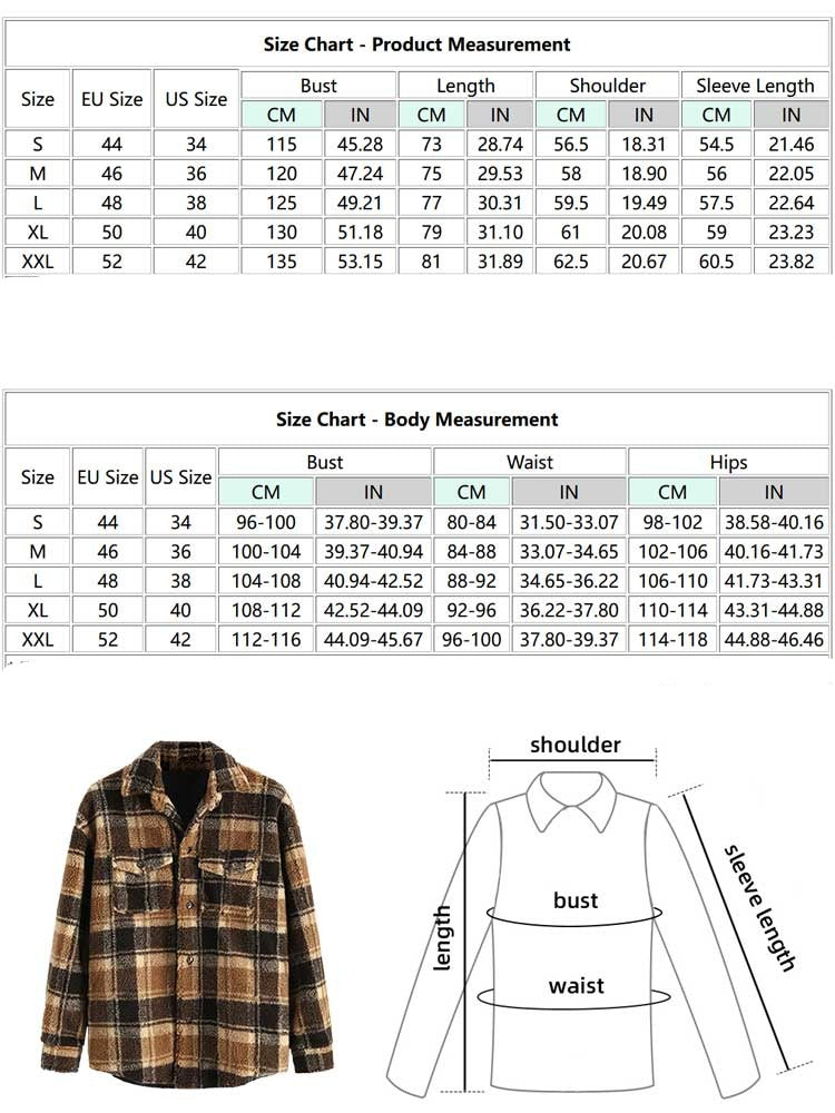 Jacket for Men Plaid Fluffy Fleece Shirt Jacket with Pocket Button-up Faux Fur Sherpa Fall Winter Streetwear Topcoats