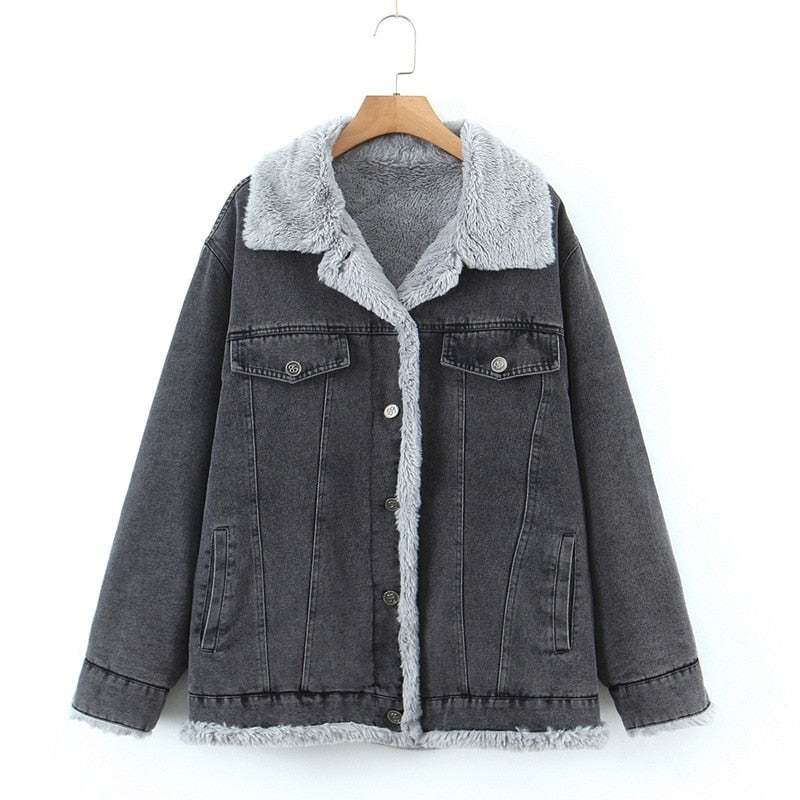 Women Winter Plush Washed Denim Thick Coat Classic Retro Fur Lining Jacket