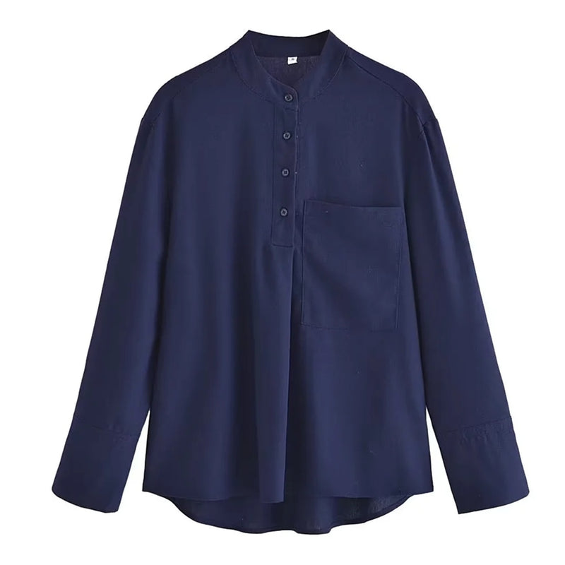 Simple Stand Collar Cotton Linen Shirt Pockets Casual Blouse Women