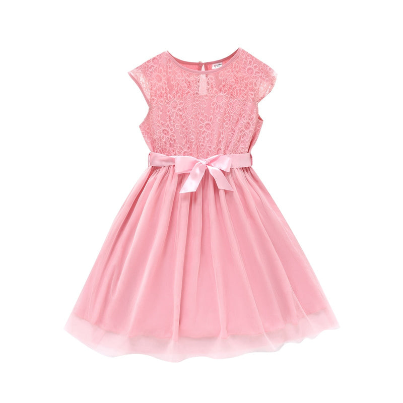 Kid Girl Guipure Lace Panel Flutter-sleeve Belted Dress