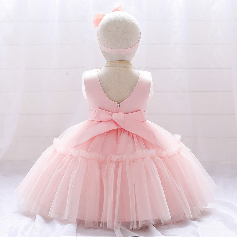 Wedding Party Baptism Prom Kids Clothes Pink White Toddler Lace Bow Dress Baby Girls Christening