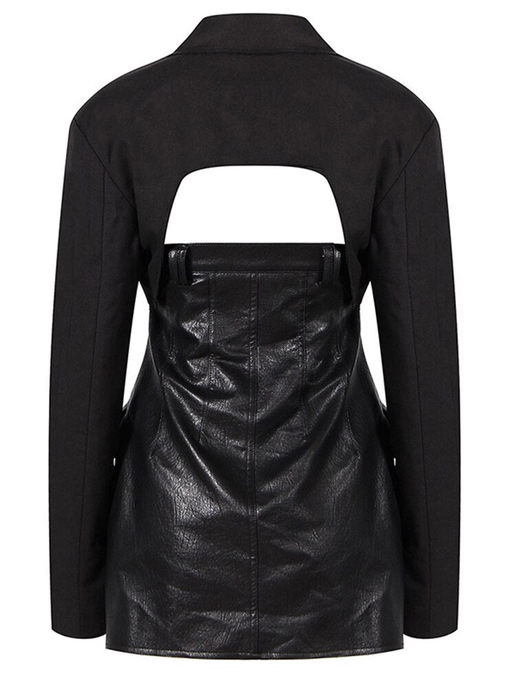 Women Leather Hollow Out Cool Blazer Dress Lapel Long Sleeve Loose Fit Spring Autumn