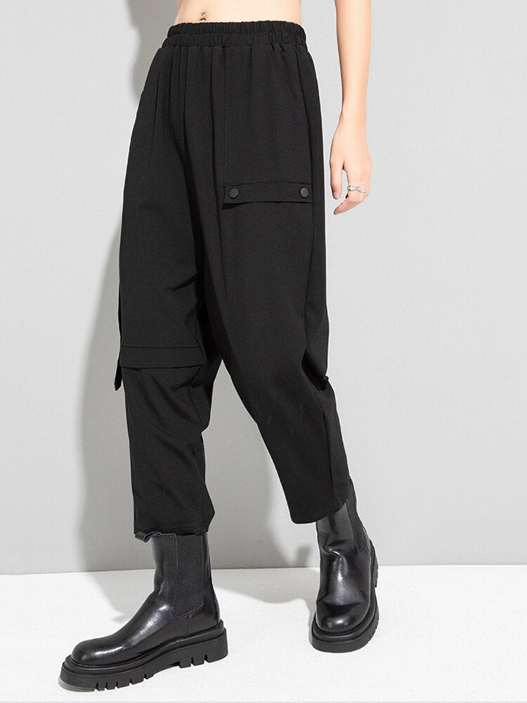 High Elastic Waist ‘black Button Long Harem ’Trousers New Loose Fit Pants Women Tide Spring Autumn