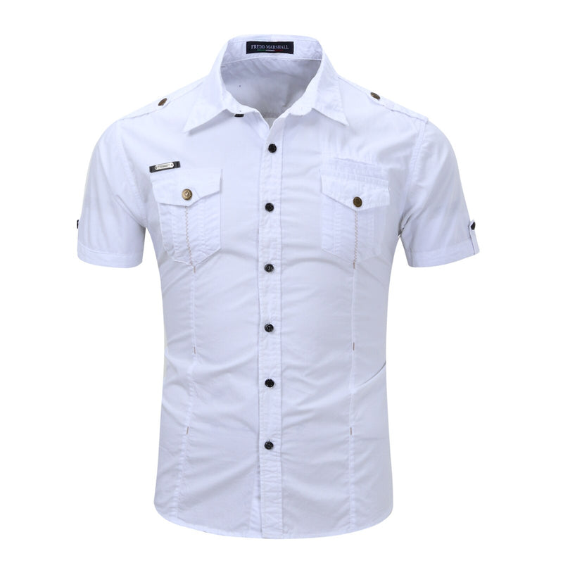 America Men& Short Sleeve Military Outdoor Cargo Shirts Premium Cotton Casual Loose Pockets Blouses Tops Male