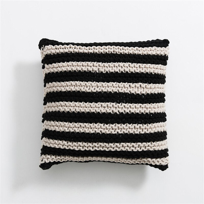 Decoration Cushion 45x45cm Handmade Pillow Geometric Black Ivory Knit Stipe Woven Home Pillow Square Including Inner filler