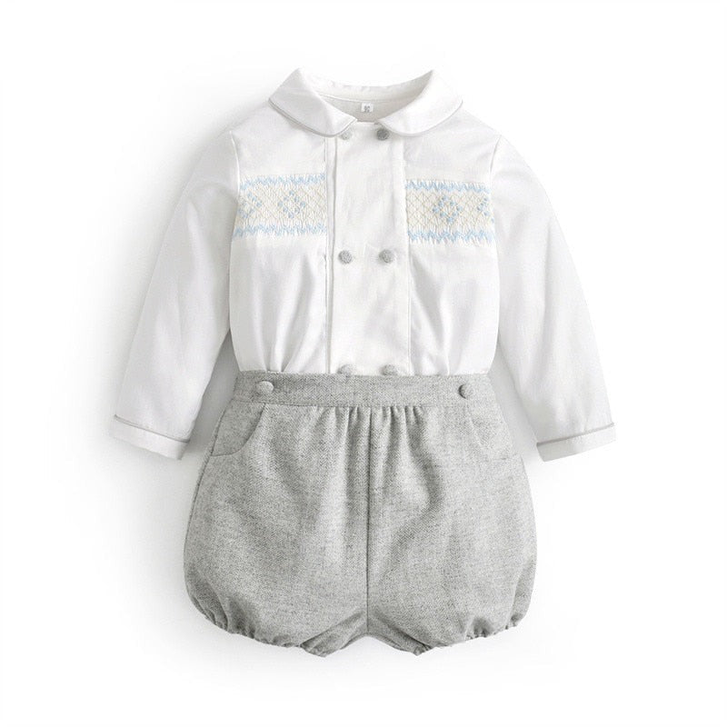 Spanish Baby Boys Clothes Set Children Hand Made Smocked White Shirts Peter Pan Collar Shorts Toddler Smocking Outfits