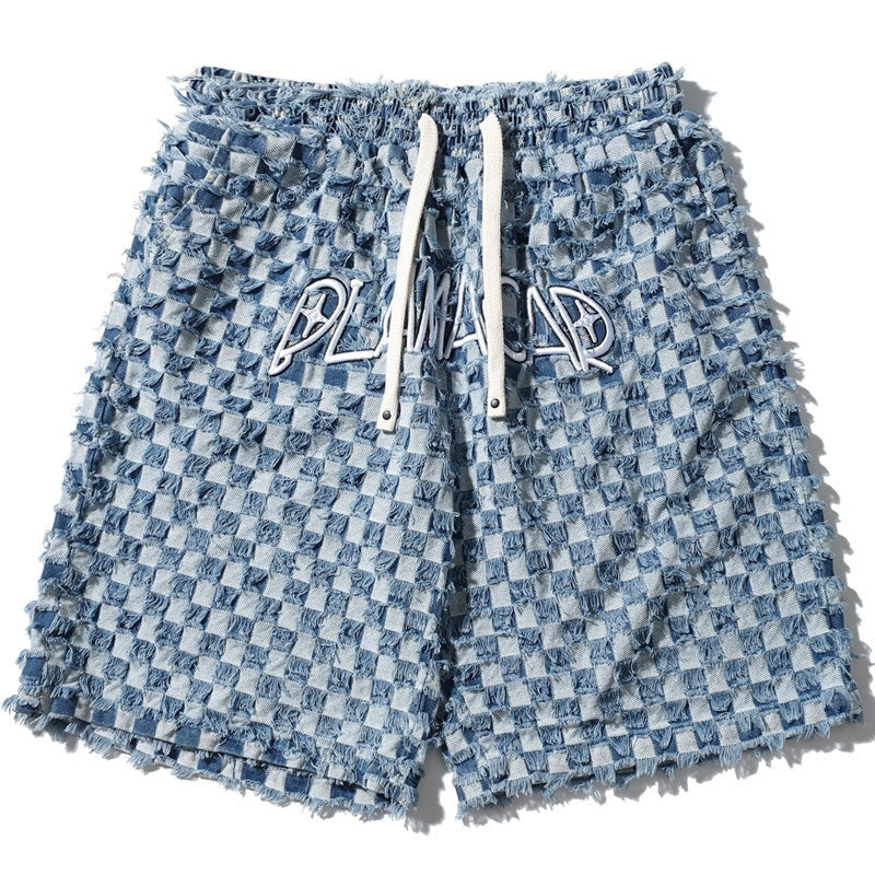 Men Plaid Shorts Streetwear Hip Hop Embroidery Letter Baggy Shorts Summer Elastic Waist Pants Blue