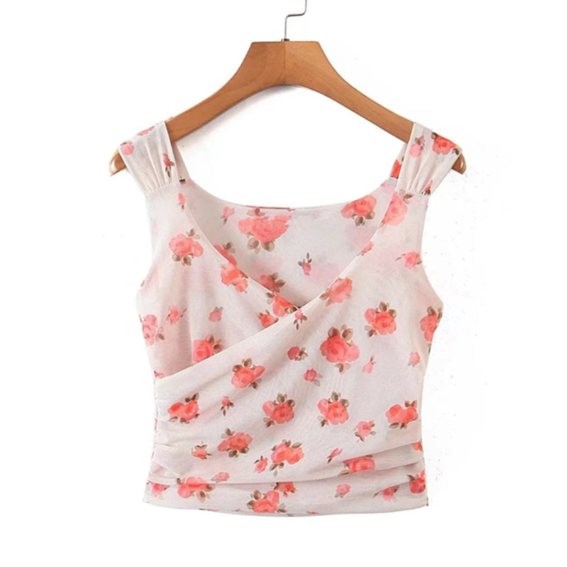 Summer Ins Blogger High Street Gauze Tank Tops Sexy Short Shirt Floral Casual Blouse Women