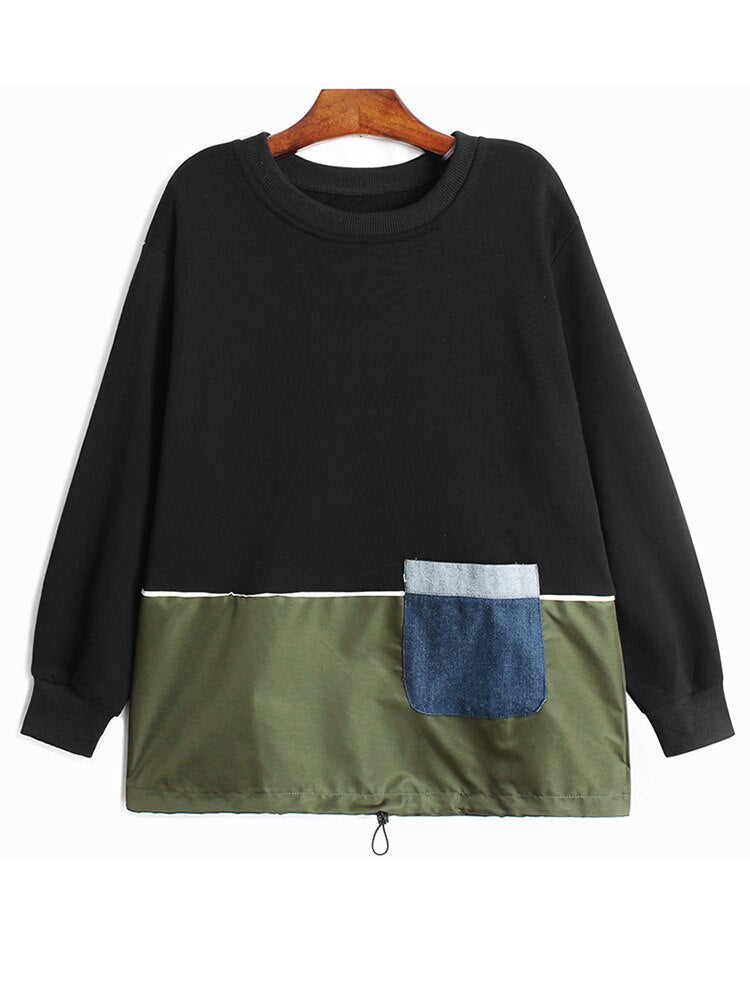 Women Army Green Pocket Casual T-shirt Round Neck Long Sleeve Tide Spring Autumn