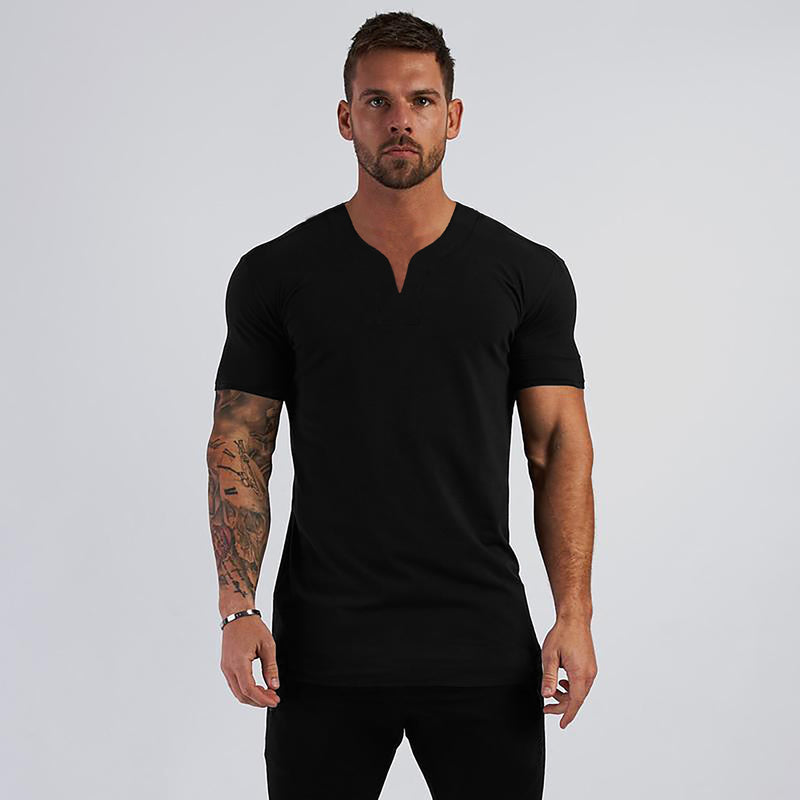 Summer V neck Short Sleeve Men T shirt Slim Fit t-shirt Men Skinny Casual Gym Clothing Fitness