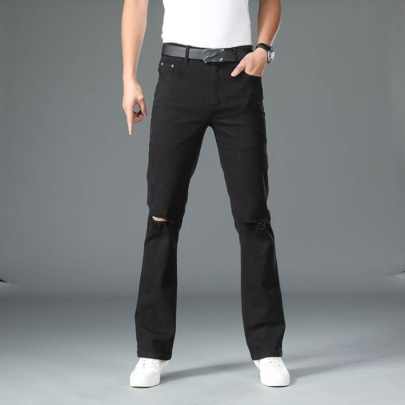 Men Four Seasons Mid-waist Micro-Flare Ripped Jeans High Quality Black Casual Pants