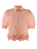 Women Apricot Flower Thin Elegant Blouse Lapel Short Puff Sleeve Loose Fit Shirt Spring