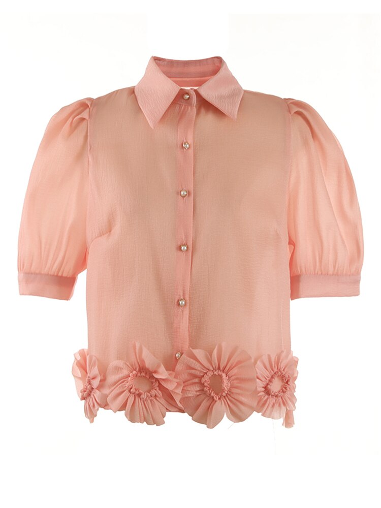 Women Apricot Flower Thin Elegant Blouse Lapel Short Puff Sleeve Loose Fit Shirt Spring