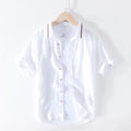 Pure Linen Summer Striped Shirts for Men Short Sleeve Patchwork Shirt Male