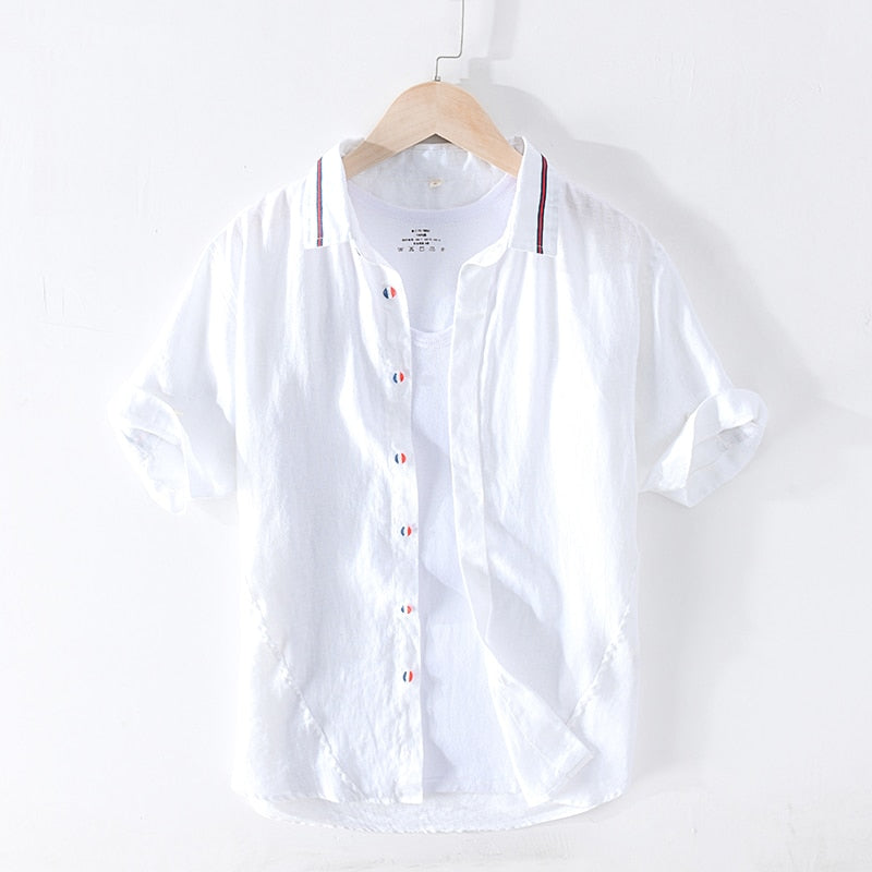 Pure Linen Summer Striped Shirts for Men Short Sleeve Patchwork Shirt Male