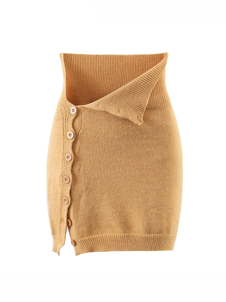 Sweet Women Khaki Sexy Button Knitted Skirt Summer Ladies Spice Female Slim Solid Skirt Bottoms