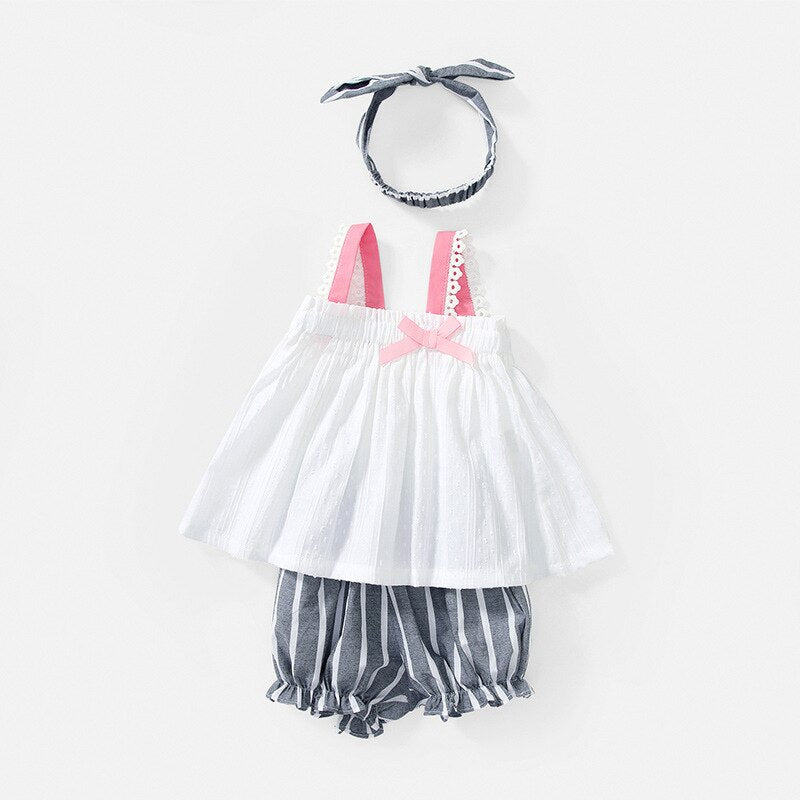 Summer Children Clothing Baby Girl Clothes Kids Suspender Dress Bow-knot Tops Stripe Shorts Two Piece Set Outing Infant Sets