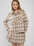 Flannel Plaid Single Breasted Pocket Shacket Shirt Jacket Women Wide-waisted Shirt Collar Long Sleeves Fall Winter