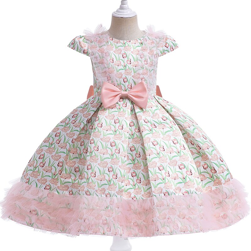 Flower Vintage Bow Girls Dress Kids Clothing Prom Tutu Party Elegant Wear Child Princess Evening Birthday Bridesmaid