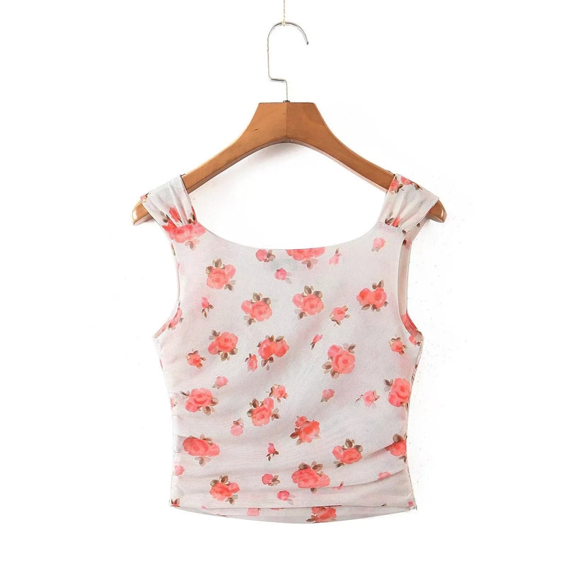 Summer Ins Blogger High Street Gauze Tank Tops Sexy Short Shirt Floral Casual Blouse Women