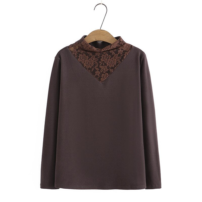 Women Autumn Winter Stand Collar Splice Lace Slim Tops Fleece Warm Long Sleeve Tees