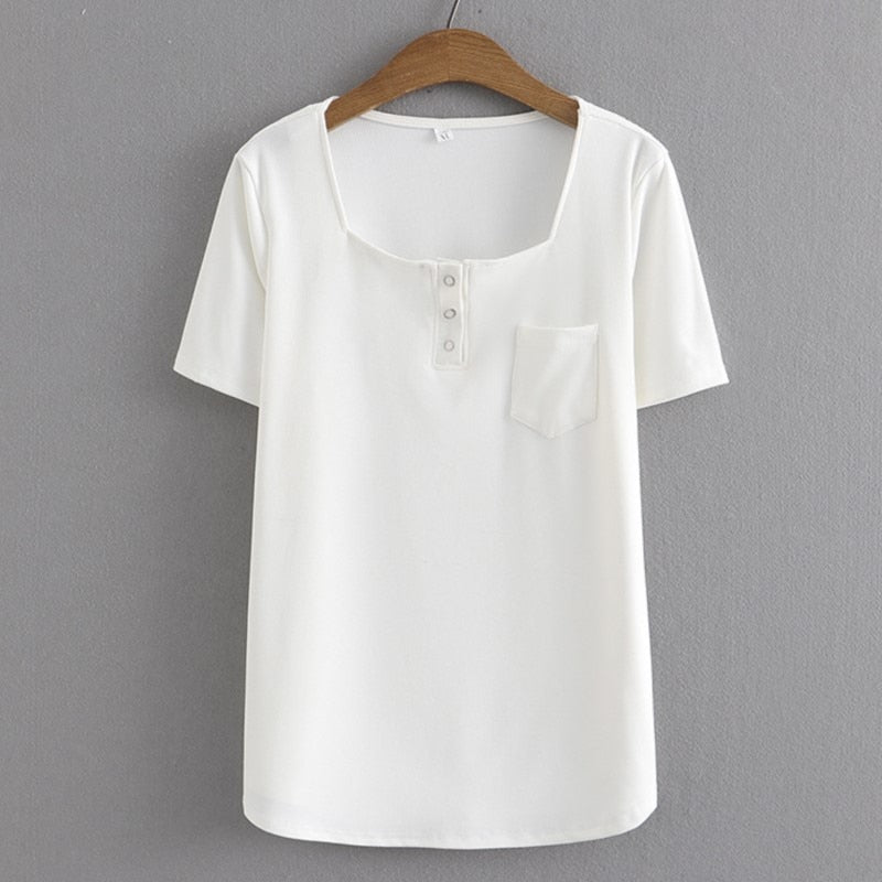 Women Summer Small Pocket With Square Collar Tees Short Sleeve Tops Oversized Curve Clothes