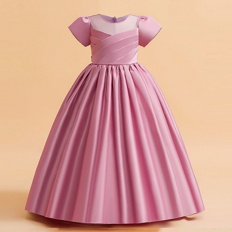 Formal Wedding Evening Dress Short Sleeve Kids Pink White Bridesmaid Clothes Girls Children Costume Baby Princess Party Prom