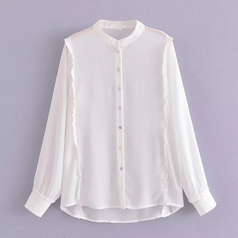 England Style Stand Collar Blouse Ruffles Chiffon Shirt Long Sleeve Blouse Women Tops