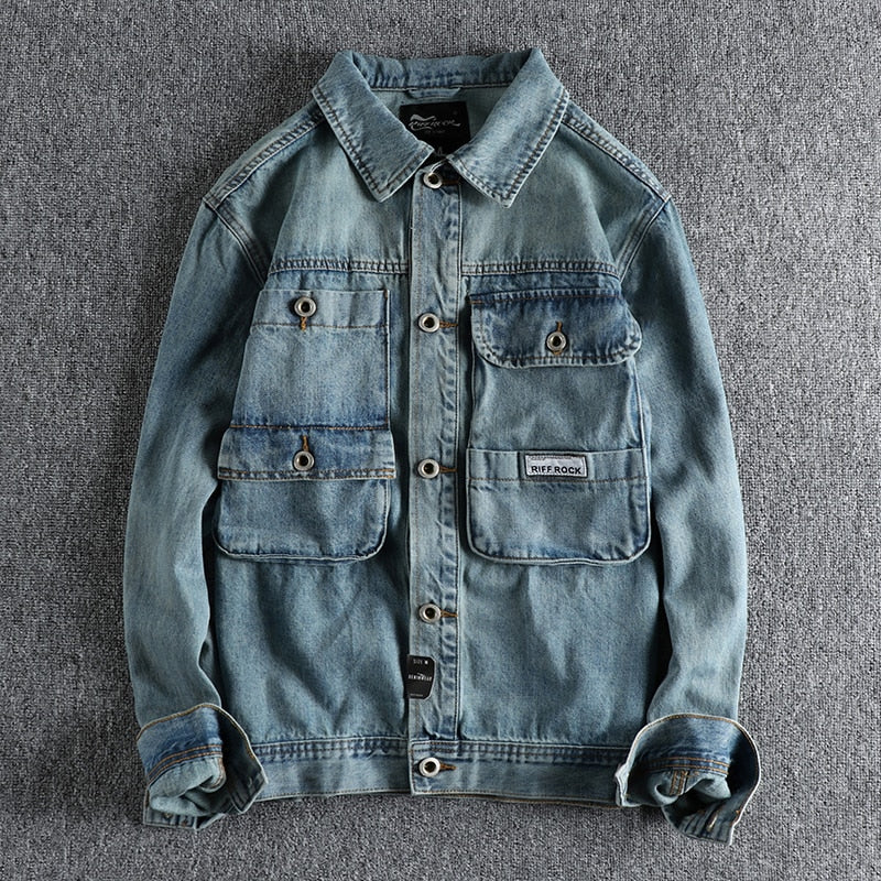 Denim jacket mens spring and autumn work clothes three-dimensional pocket youth cardigan coat