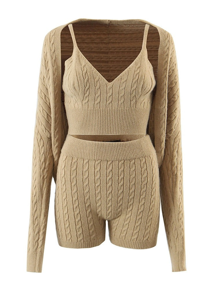 Autumn Winter Knitted Suit Women Casual Slim Chic Knitted Cardigan + Short Camisole Crop Top + High Waist Shorts Female