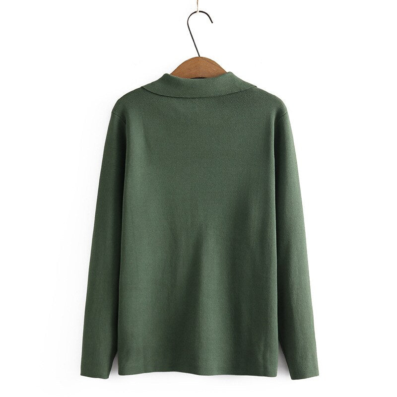 Sweater Woman Clothing Slim Fit High Stretch Jumper Solid Color V-Neck Fold Button Long Sleeve Pullover Autumn