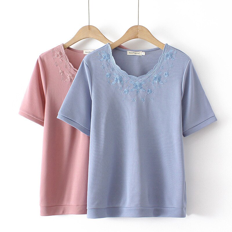 Women Clothing Fashion Embroidered Ice Silk Knitting Tops Loose And Casual Curve Tees Summer