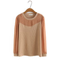 Autumn Tops For Women Cotton T-Shirt Casual Mesh Splice O-Neck Long Sleeve Curve Tees