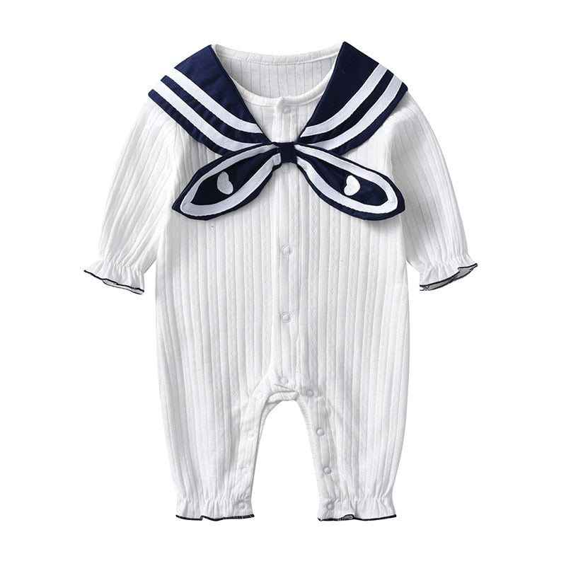 Spring and Autumn Children Clothing Baby Clothes Baby Girl One-Pieces Navy Style White Kids Romper Outing Infant Jumpsuit