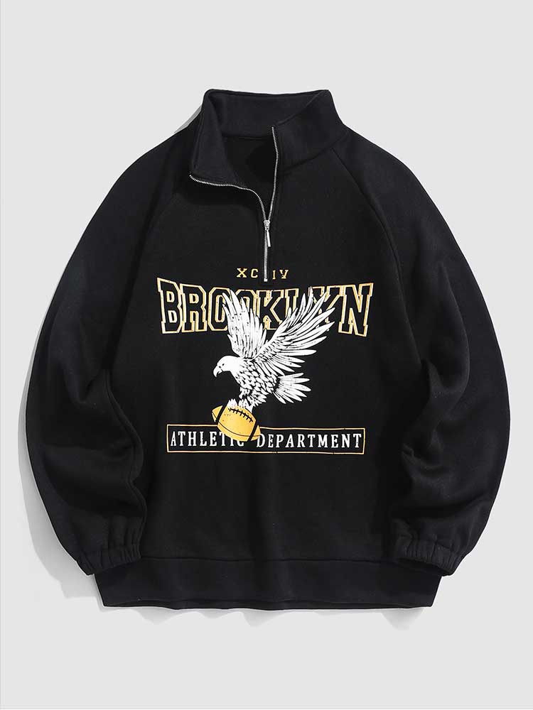 Hoodies for Men Fleece Lining Brooklyn Eagle Graphic Sweatshirt Unisex Turtleneck Hoodie Zipper Streetwear Pullover Sweats