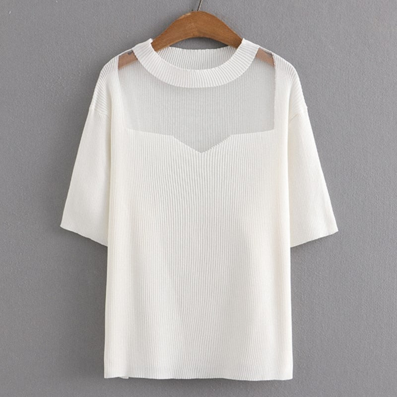 Women T-Shirt Summer Short Sleeve Mesh Splicing Knitting Tops Loose Tees Oversized Curve Clothes