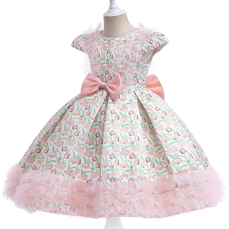 Flower Vintage Bow Girls Dress Kids Clothing Prom Tutu Party Elegant Wear Child Princess Evening Birthday Bridesmaid