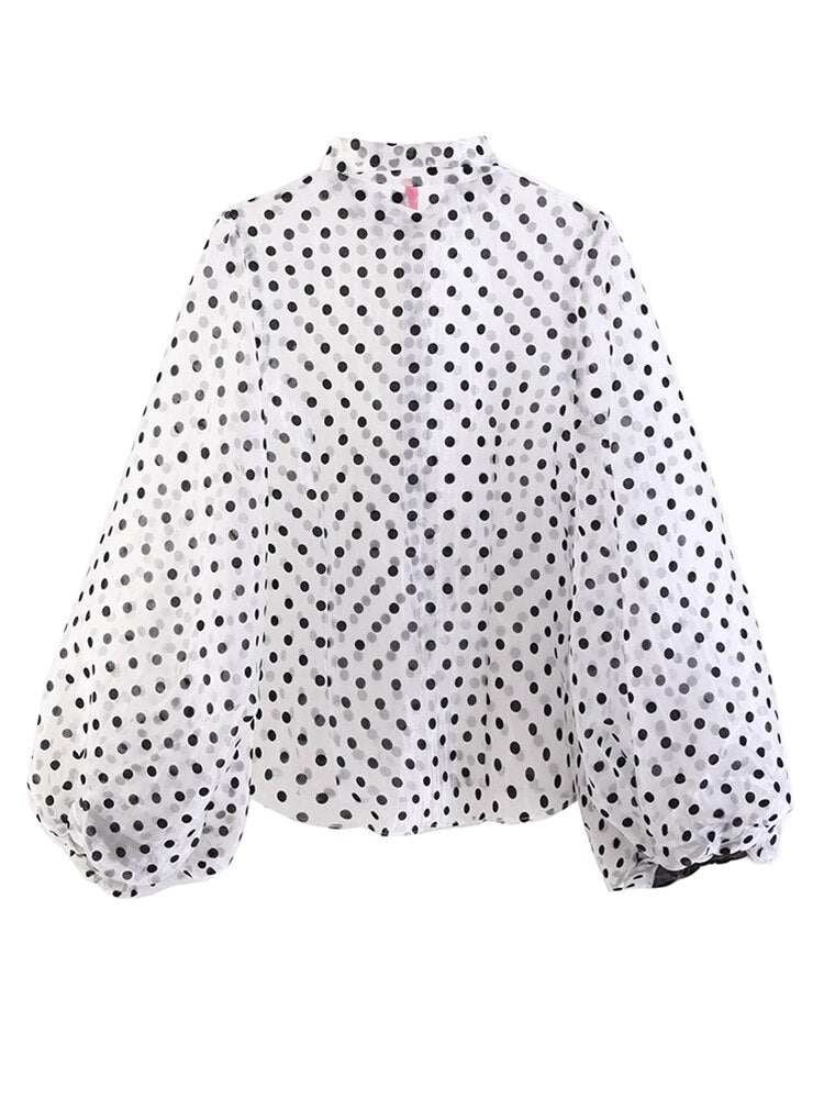 Women Red Dot Mesh Elegant Blouse Lapel Long Lantern Sleeve Loose Fit Shirt Tide Spring Autumn