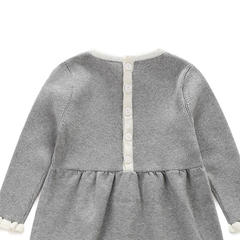 Spring and Autumn Kids Clothing Baby Girl Gray Cotton Knitting Dress Infant Bow Dress Long Sleeves Outing Children Clothes