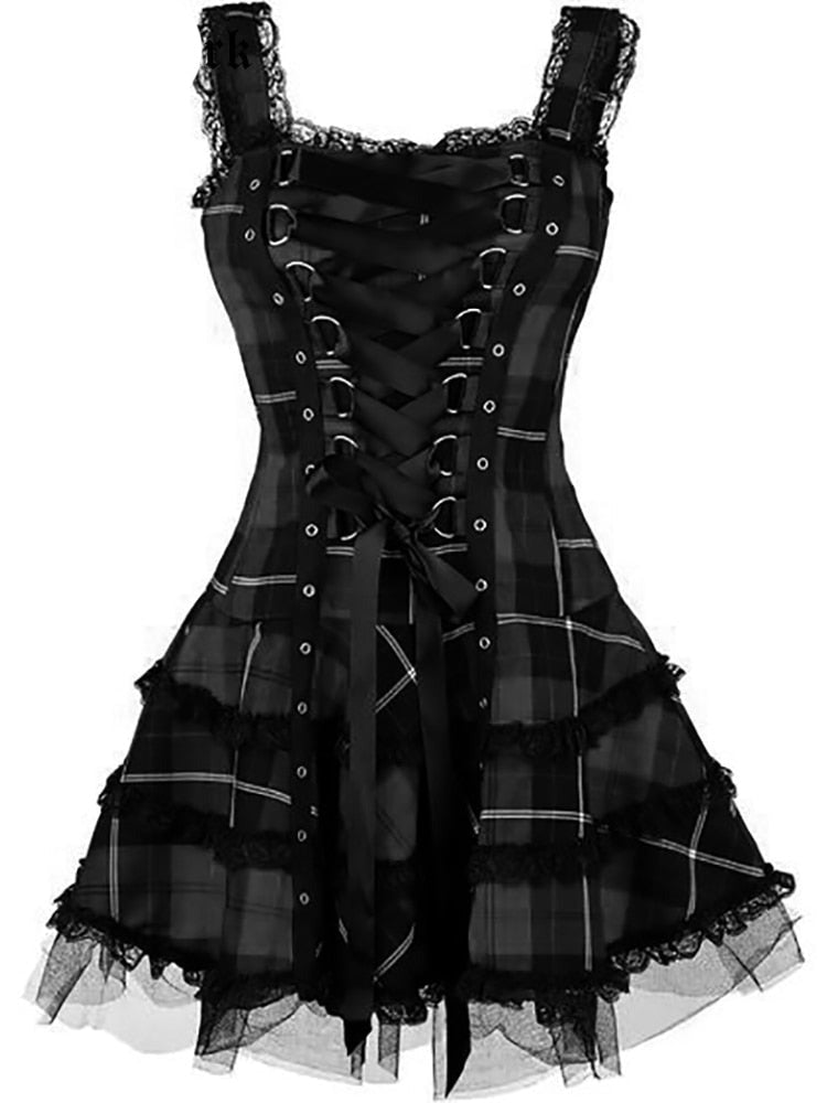 Goth Dark Plaid Bandage Gothic Women A-line Dresses Grunge Aesthetic Lace Trim Patchwork Mini Dress Punk Bodycon Sexy Partywear