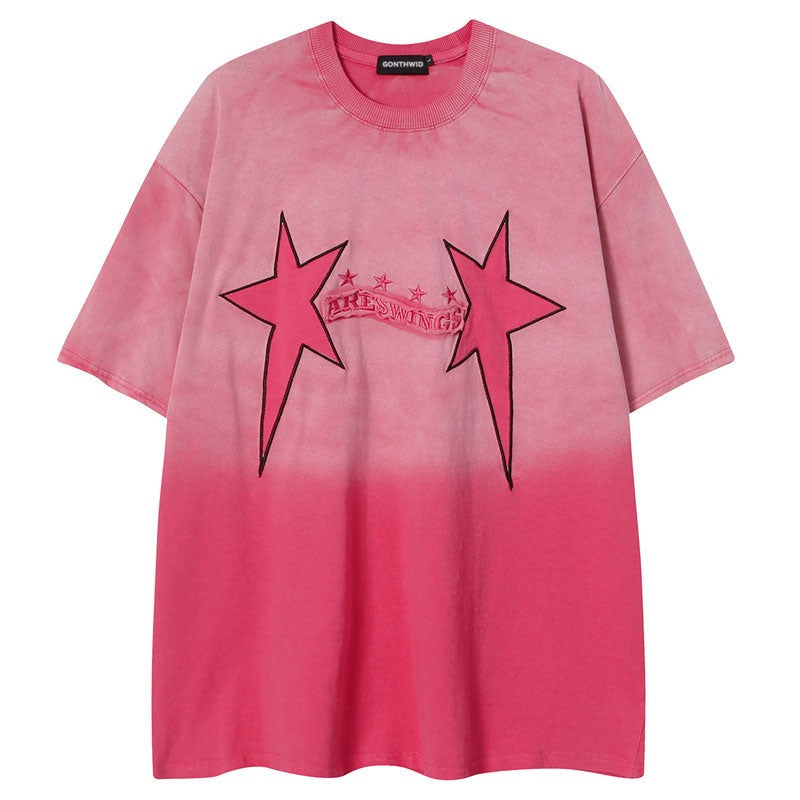 Hip Hop Tie Dye T-Shirt Vintage Retro Embroidery Star Letter Washed Tshirt Streetwear Punk Gothic Loose Tops Pink